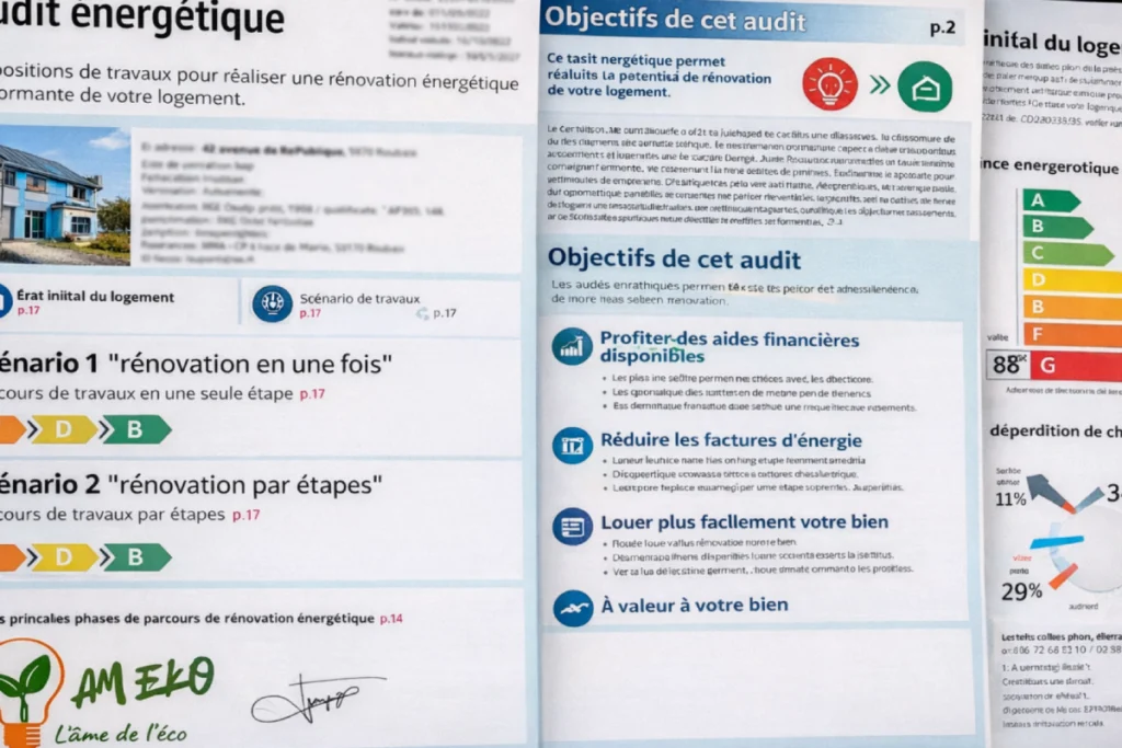 Extrait de rapport d’audit énergétique AMEKO — scénarios de rénovation, étiquette énergie et recommandations