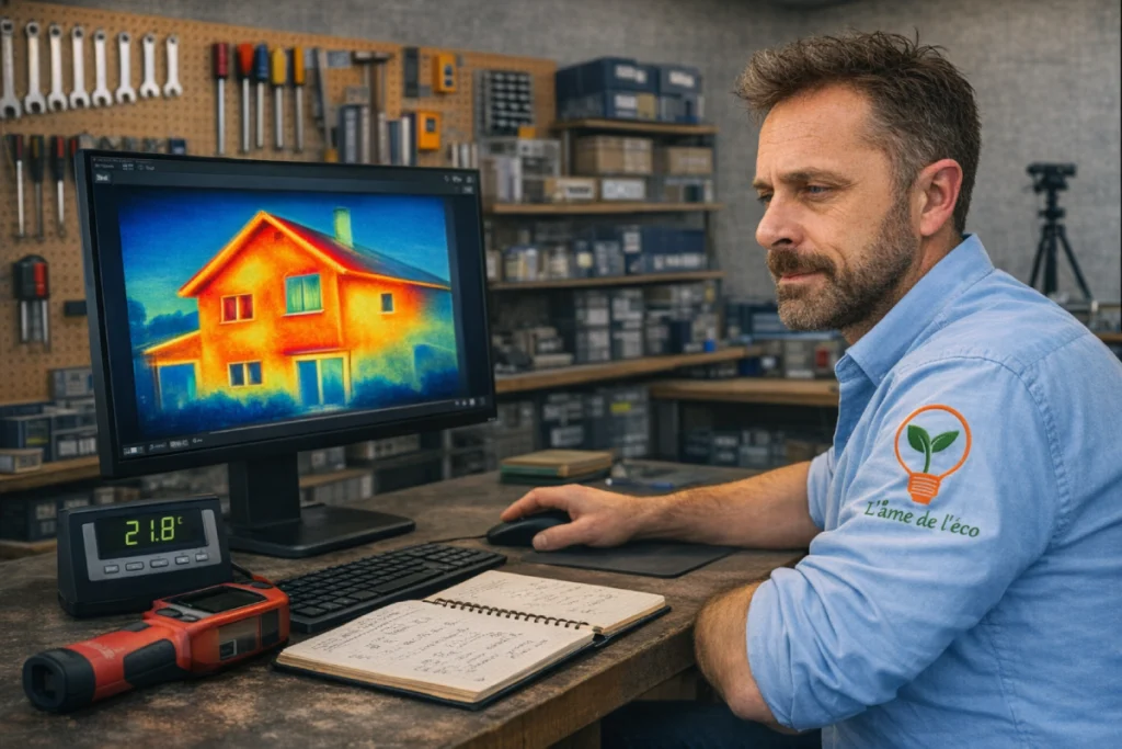 Fabrice, auditeur énergétique AMEKO, analysant une thermographie de maison sur ordinateur