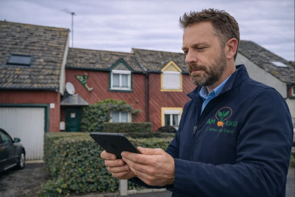Fabrice, auditeur énergétique AMEKO, en visite sur site avec une tablette devant des maisons